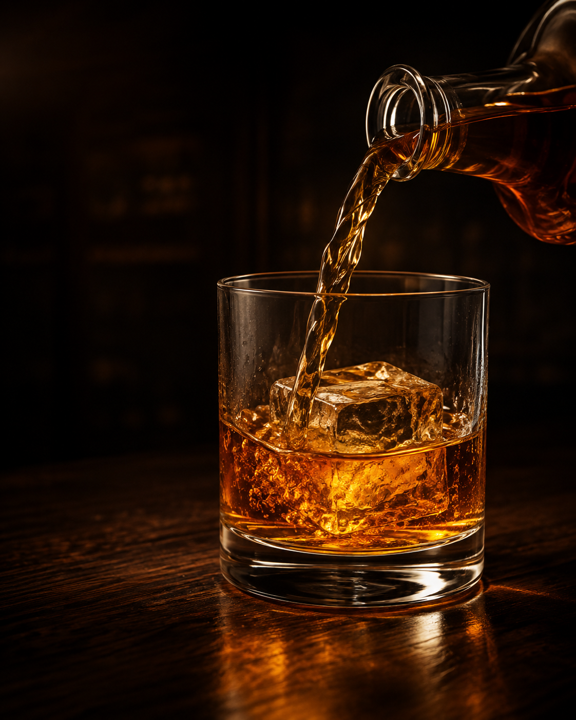 Bourbon being poured into a lowball glass over a single large ice cube