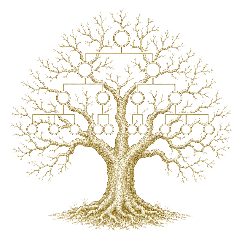 Bourbon Family Tree logo: an oak tree whose branches form a genealogy chart