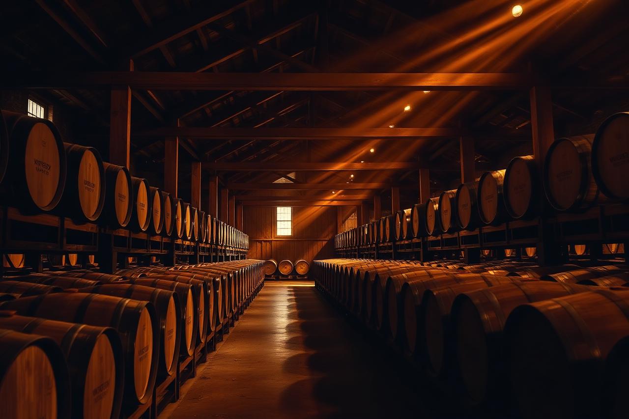 Barrels resting in a dim rickhouse, lit by low amber light